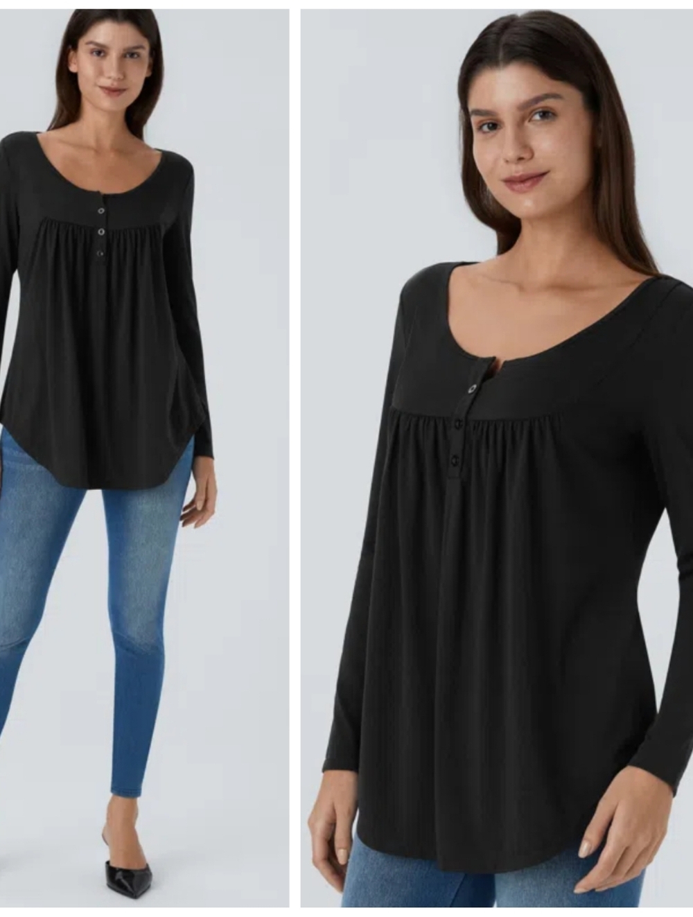 NWT Halara Black Long-Sleeve Scoop Neck Curved Hem Henley Top Women's Small NEW!